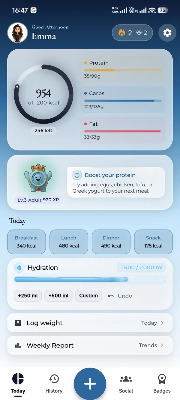 CaloBuddy Today dashboard — calorie ring, macro bars, companion buddy, hydration